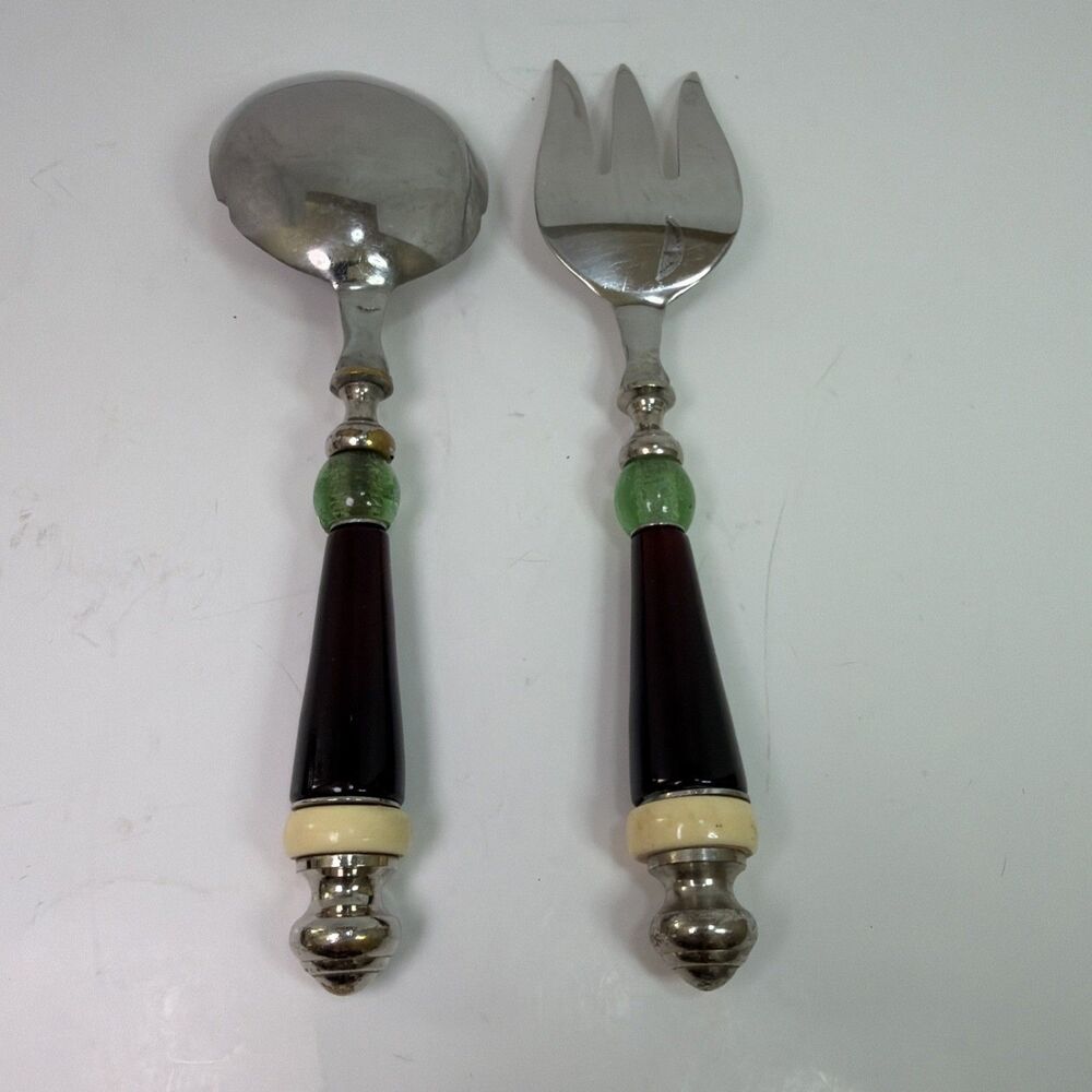 Vintage Lenox Holiday Gatherings Decorative Bead Red Handle Fork And Spoon Set